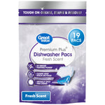 Front of Great Value Premium Plus Dishwasher Pacs purple pouch showing 19 pacs badge and product callouts