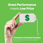 Promotional image of a hand holding a price tag with text about performance and low price for Great Value