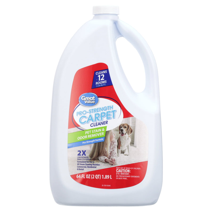 Great Value Pro-Strength Carpet Cleaner jug front label showing pet stain and odor remover branding and a dog image
