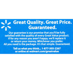 Blue guarantee panel with white Walmart logo text promising satisfaction and a phone number and website for Great Value