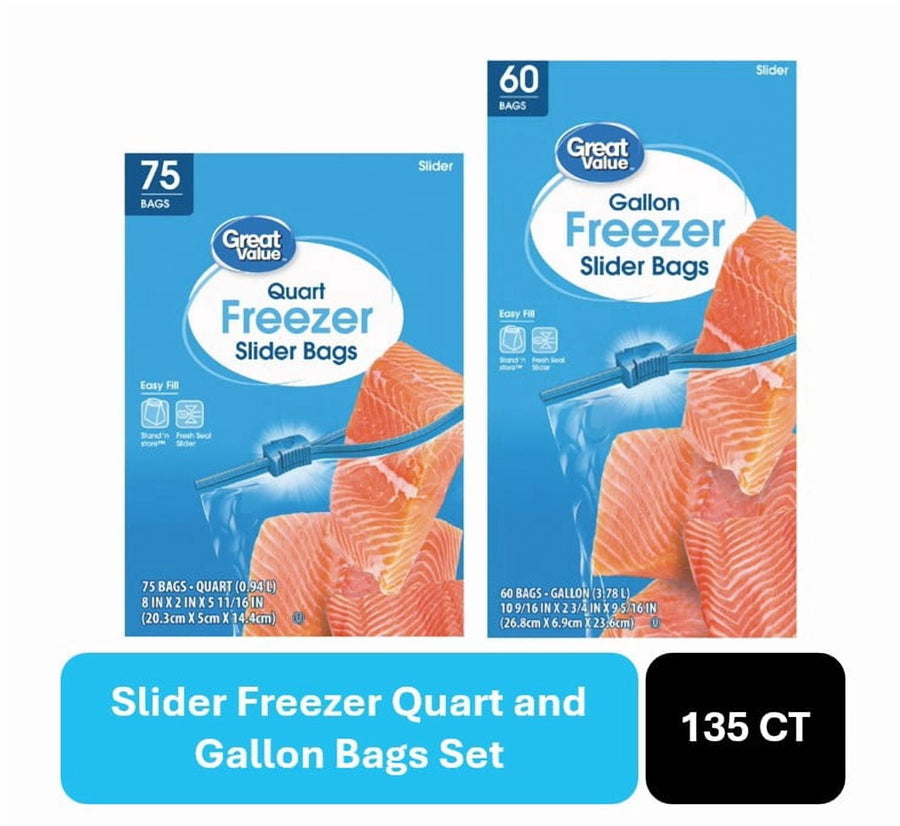 Two Great Value freezer slider bag boxes (quart and gallon) with salmon image and blue background.