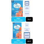 Stacked product graphics showing Great Value quart and gallon freezer slider bag boxes with count badges and icons.