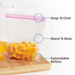 Clear Great Value quart bag standing on cutting board with diced cheese, callouts for Snap 'N Click, Stand 'N Store, and Expandable Bottom.