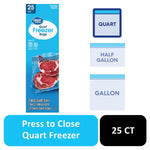 Blue Great Value quart freezer bag package graphic showing two steaks inside a clear resealable bag and size icons.