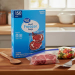 Great Value quart freezer bags box displayed on a kitchen counter with filled bags