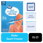 Great Value quart freezer slider bags product box with illustrative bag icons labeled quart, half gallon, gallon.