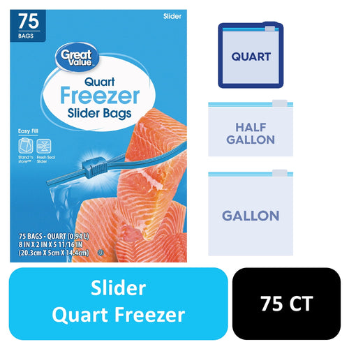 Great Value quart freezer slider bags package front with salmon image, slider zipper graphic and 75 count callout
