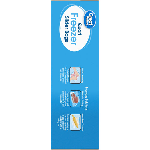 Vertical side panel of Great Value quart freezer slider bags box showing feature icons and product oval logo