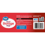 Red product label panel showing Great Value Quart Storage Bags branding, instructions and barcode