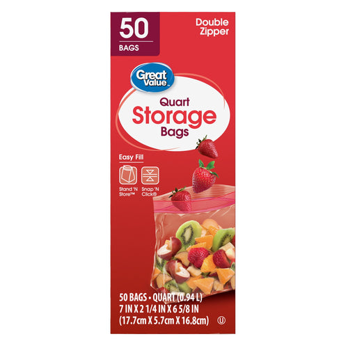 Great Value quart storage bags retail box with strawberries and a filled clear bag illustration on red background.
