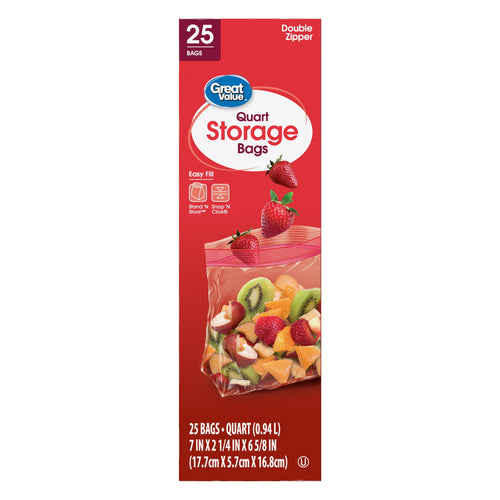 Great Value quart storage bags long vertical red package showing strawberries and bag of fruit