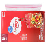 Great Value quart storage bags box rotated with a clear resealable bag protruding from the top and packaging artwork visible