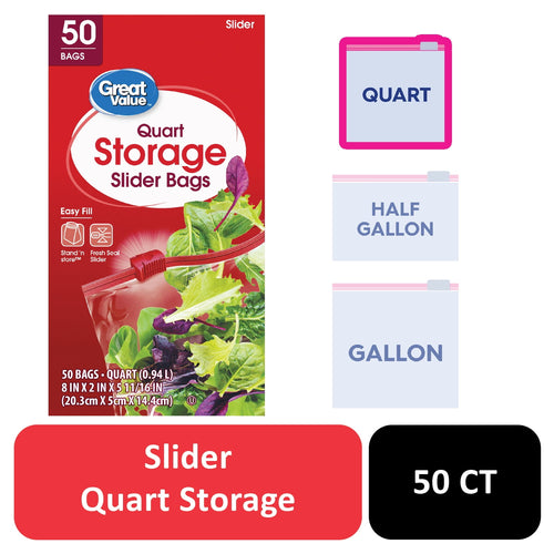 Great Value quart storage slider bags packaging front with salad image, red background and quart icon