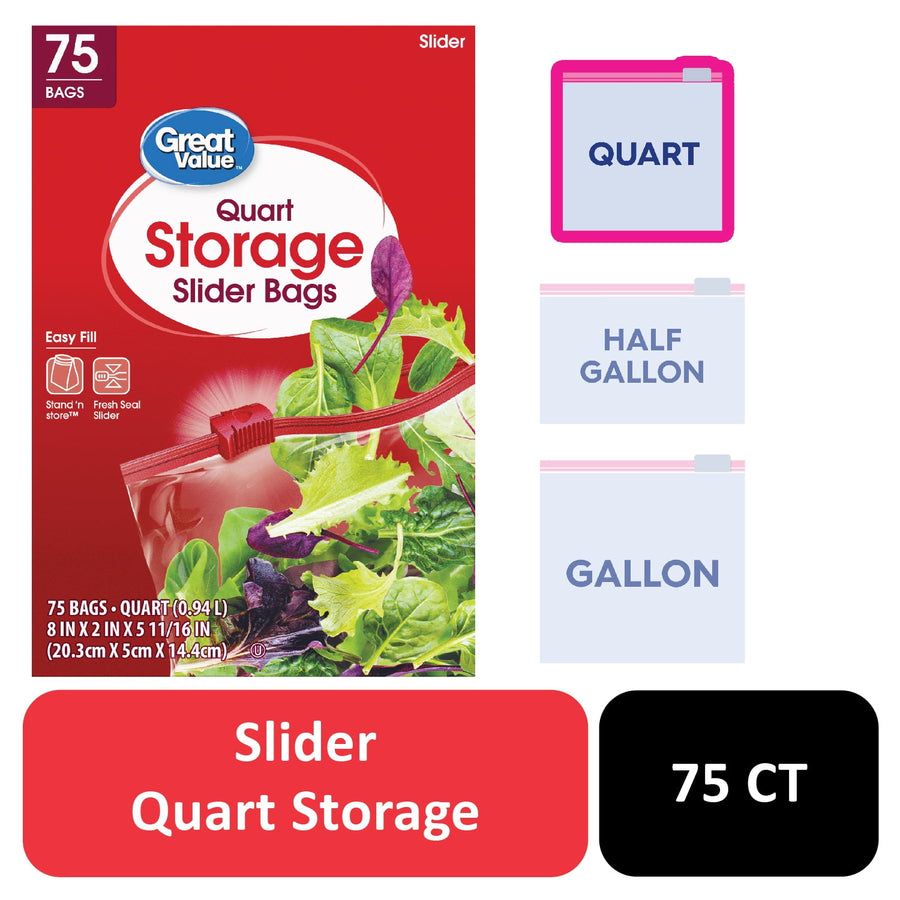 Great Value red carton front for quart storage slider bags showing zipper bag and salad imagery