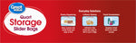 Wide red Great Value banner showing 'Quart Storage Slider Bags' and three small icons illustrating pantry, leftovers and travel uses