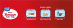 Great Value infographic panel showing quart storage slider bags with pantry, leftovers and travel use icons on red background