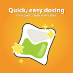 Orange infographic with illustrated laundry pac and text highlighting quick, easy dosing for a great clean