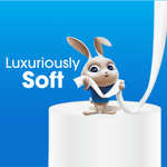 Illustration of the Great Value rabbit mascot standing on a toilet paper roll with the phrase 'Luxuriously Soft'