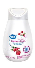 Great Value Raspberry Fields adjustable solid gel cone air freshener front label with raspberry illustration