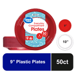 Red Great Value 9-inch plastic plate with label, size icons and 50 count graphic on white background