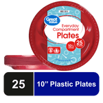 Front-facing red compartment plate with Great Value Everyday Compartment Plates label and product callout