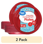 Stack of red Great Value disposable compartment plates with branded label and 2-pack callout