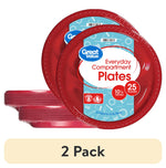 Two stacked bright red disposable compartment plates with Great Value label and '2 Pack' text below