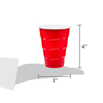 Red disposable cup shown above gray hand silhouette with dimensions labeled 3" width and 4" height