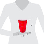 Silhouette sizing graphic showing a Great Value red party cup with measurements 3.5" width and 5" height