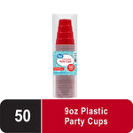 Clear plastic tube pack of Great Value red disposable party cups with a blue label and red 50 cup badge