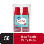 Clear pack of stacked Great Value red disposable party cups with a blue product label showing 'Everyday Party Cups' and '50'
