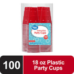 Stack of red disposable party cups in clear plastic packaging with Great Value Everyday Party Cups label