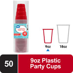 Stacked clear tube of Great Value red disposable party cups with label and graphics showing 9oz/18oz icons