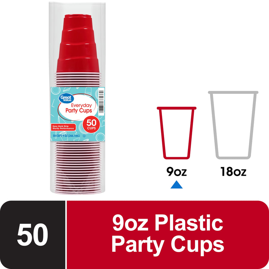 Stacked clear tube of Great Value red disposable party cups with label and graphics showing 9oz/18oz icons
