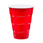 Single red Great Value disposable plastic cup shown on white background highlighting cup shape and rim