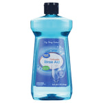 Clear blue Great Value rinse aid bottle with label reading 'Rinse Aid' and navy cap on white background
