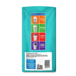 Back of turquoise Great Value trash bag roll showing the sizes infographic panel and product information at bottom