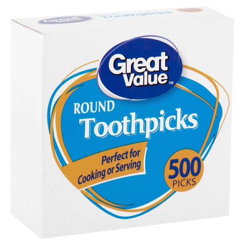 White box of Great Value round toothpicks with blue logo and orange 500 picks badge on front