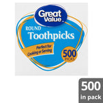 Square product image of Great Value Round Toothpicks box showing blue graphic and 500 picks badge