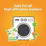 Orange infographic showing a washing machine icon and text stating safe for all high-efficiency washers