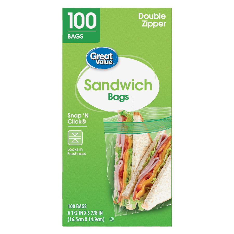 Great Value green sandwich bag box with 100 bags label and a sandwich shown inside a clear double-zipper bag