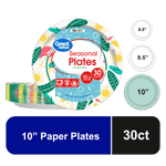 Stacked Great Value seasonal paper plates with colorful tropical sun and leaf pattern and 10" size/30 ct label