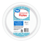 Back view of a Great Value Seasonal Plates paper plate showing product label, barcode and warning text on a white paper plate