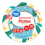 Close-up of a Great Value Seasonal Plates package showing colorful sun and leaf print, compostable label and 30 plates badge