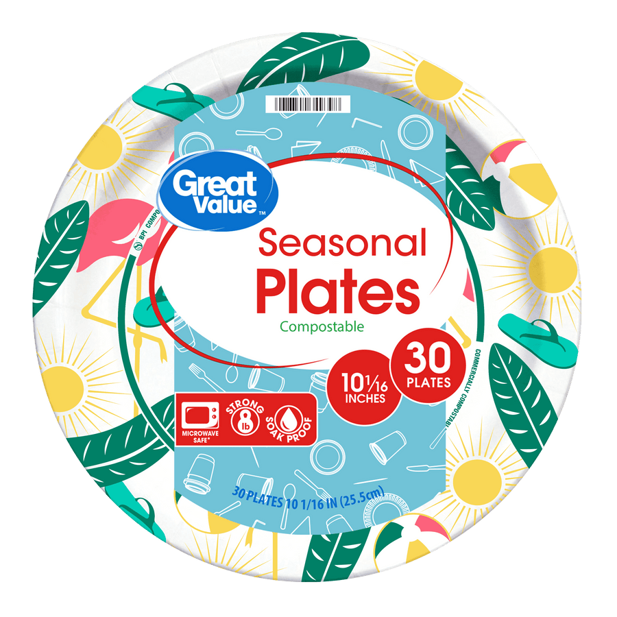 Close-up of a Great Value Seasonal Plates package showing colorful sun and leaf print, compostable label and 30 plates badge