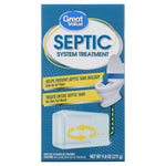 Front of a Great Value Septic System Treatment blue box showing product name, toilet graphic and treatment block illustration.