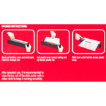 Red instruction panel showing three pictorial steps to open, pull and slide the cutter across wrap