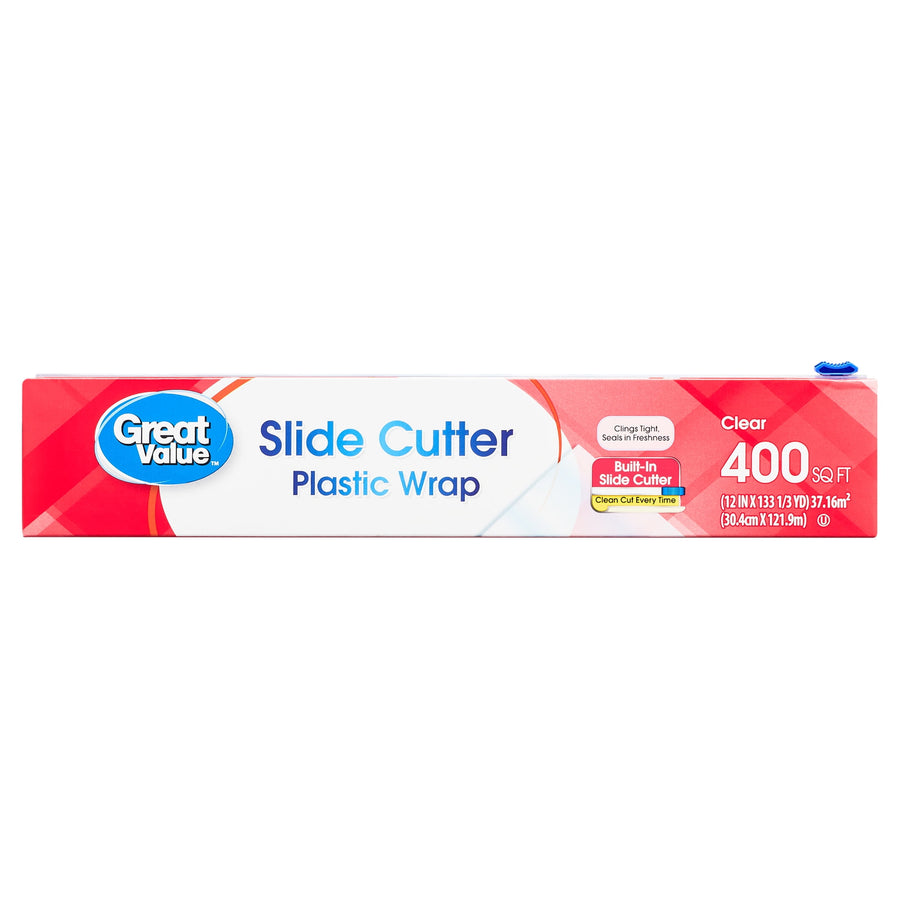 Front-facing box of Great Value Slide Cutter plastic wrap with red and white design