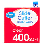 Close-up top view of Great Value Slide Cutter box showing blue slider and 400 sq ft label