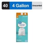 Tall product shot of Great Value small trash bag box with label banner showing 4 gallon and unscented